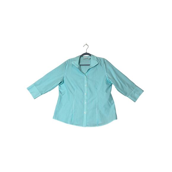 Chicos size 2 shirt button up blue/white 3/4 sleeve no-iron 100% cotton - Picture 1 of 5